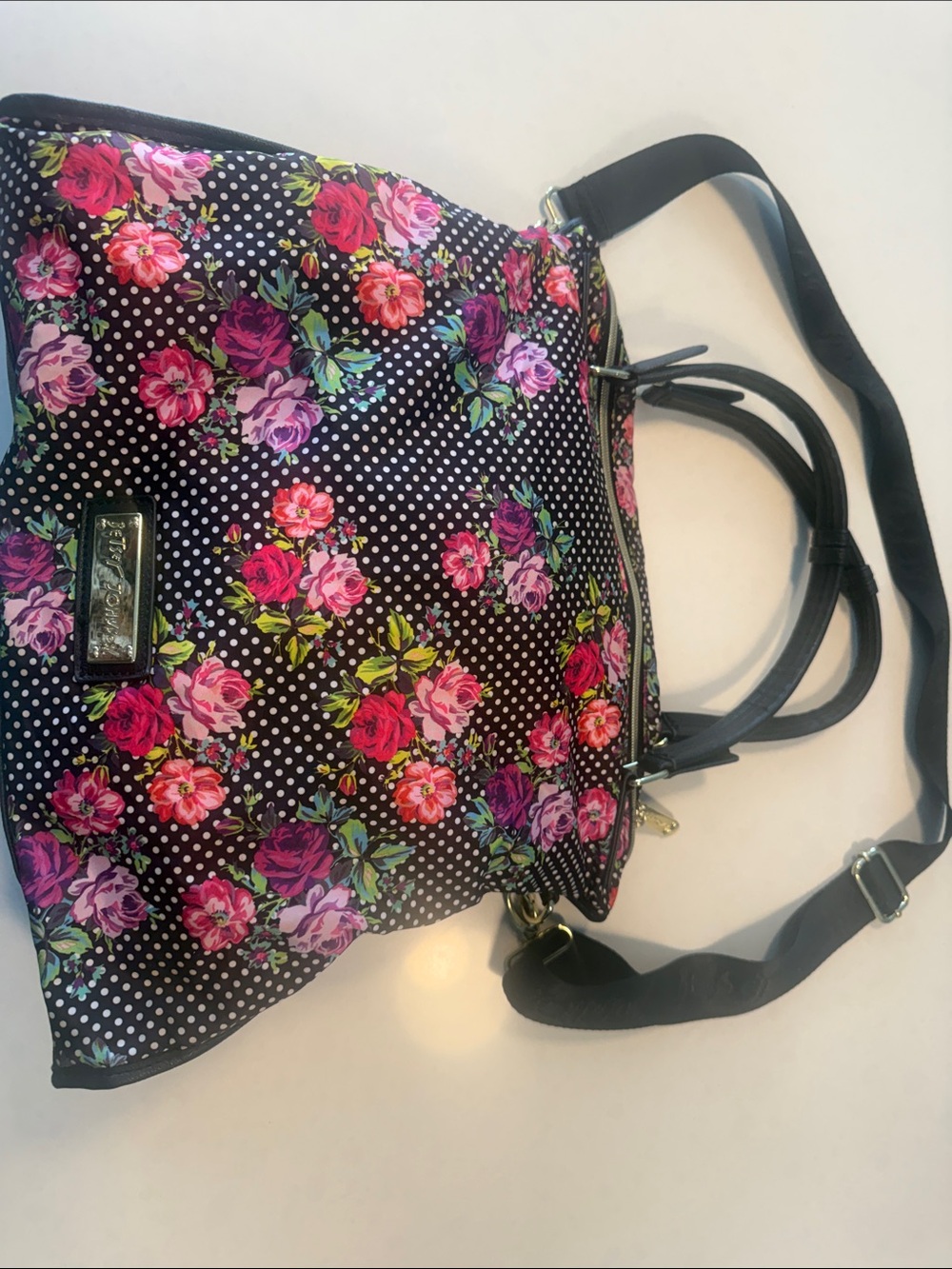 Betsey Johnson Black Floral Polka Dot Tote with Pink & Purple Roses